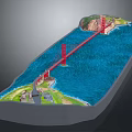 Modern Scene Displaying Golden Gate Bridge Model With Blue Water And Green Land