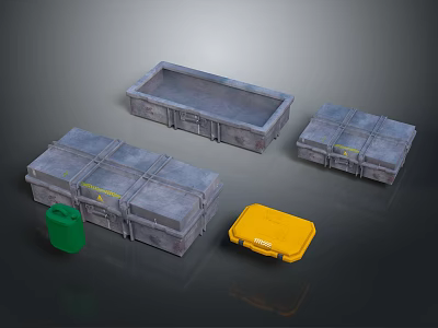 Gray Cargo Crates With Green Barrel And Yellow Container Setup 3d model