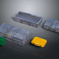Gray Cargo Crates With Green Barrel And Yellow Container Setup