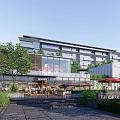 Elegant Modern Commercial Street Featuring Glass Curtain Wall Water Pool and Greenery