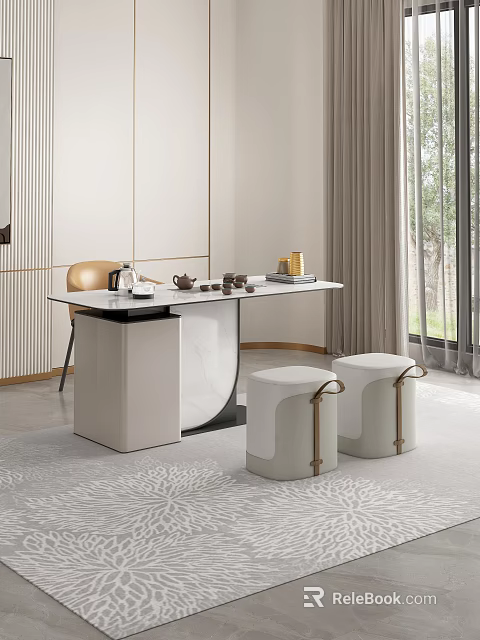 Modern Tea Table With Stools White Beige Marble Top And Tea Sets Teacups 3d model