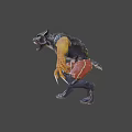 Game Movie Werewolf Character With Black Fur Yellow Eyes Sharp Fangs Bandaged Arms Red Shorts