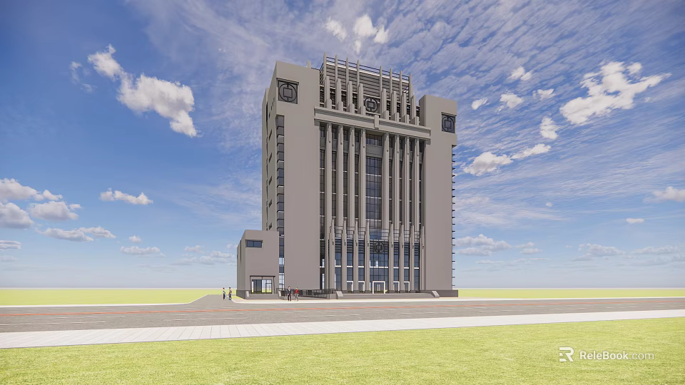 Modern Office Building Exterior Design With Blue Sky White Clouds Green Lawn And Pedestrians 3d model 