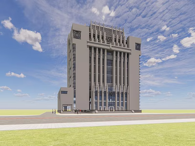 Modern Office Building Exterior Design With Blue Sky White Clouds Green Lawn And Pedestrians 3d model