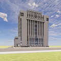 Modern Office Building Exterior Design With Blue Sky White Clouds Green Lawn And Pedestrians