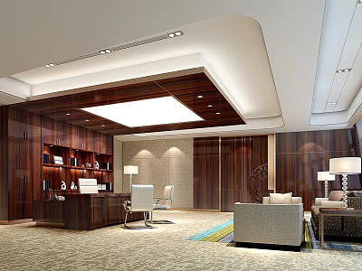 Modern Luxurious Office Interior Design With Wooden Bookshelves Desk Sofa Rug And Ceiling Lights 3d model