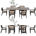 Modern Dining Table Set with Woven Chairs Rectangular Wooden Table and Decorative Vase 3d model