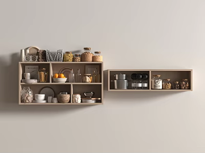 Spice Bottles Neatly Arranged On Modern Kitchen Shelf With Storage Jars 3d model