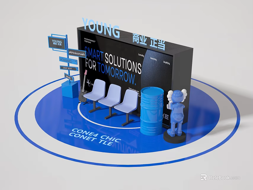 Business Check in Photo Spot With Smart Solutions Conference Blue Seats And Human Figure Standee 3d model 
