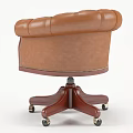 Brown Leather Tufted Office Chair with Wooden Armrests Metal Studs and Wheels on Wooden Base
