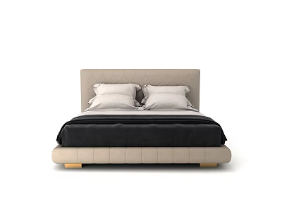 Modern Minimalist Double Bed With Beige Upholstered Headboard White Pillows Black Bedspread And Wooden Legs 3d model