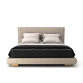Modern Minimalist Double Bed With Beige Upholstered Headboard White Pillows Black Bedspread And Wooden Legs