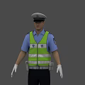 Man Traffic Police Officer Wearing Blue Shirt Reflective Vest Cap White Gloves and Black Pants