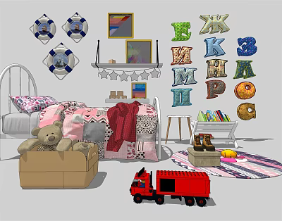 Children's Bed Children's Room Cartoon Toy Plush Toy Doll Bedding 3d model