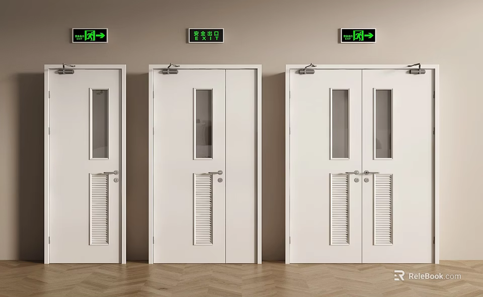 White Interior Double Doors With Glass Panels Louvered Sections And Exit Signs 3d model 