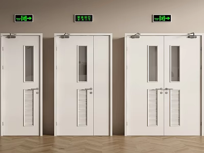 White Interior Double Doors With Glass Panels Louvered Sections And Exit Signs 3d model