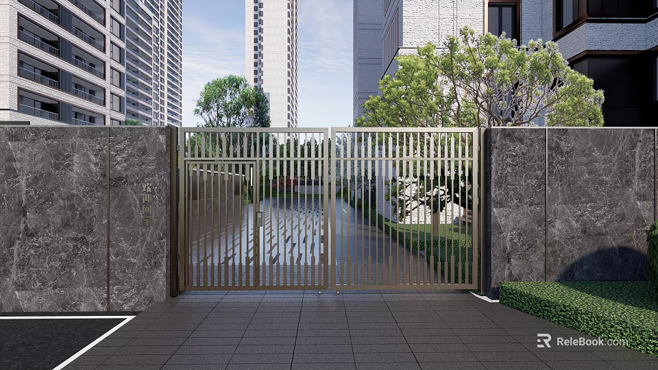 Modern Metal Entrance Gate With Stone Walls Trees And High Rise Buildings 3d model 