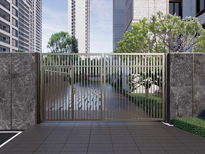 Modern Metal Entrance Gate With Stone Walls Trees And High Rise Buildings 3d model