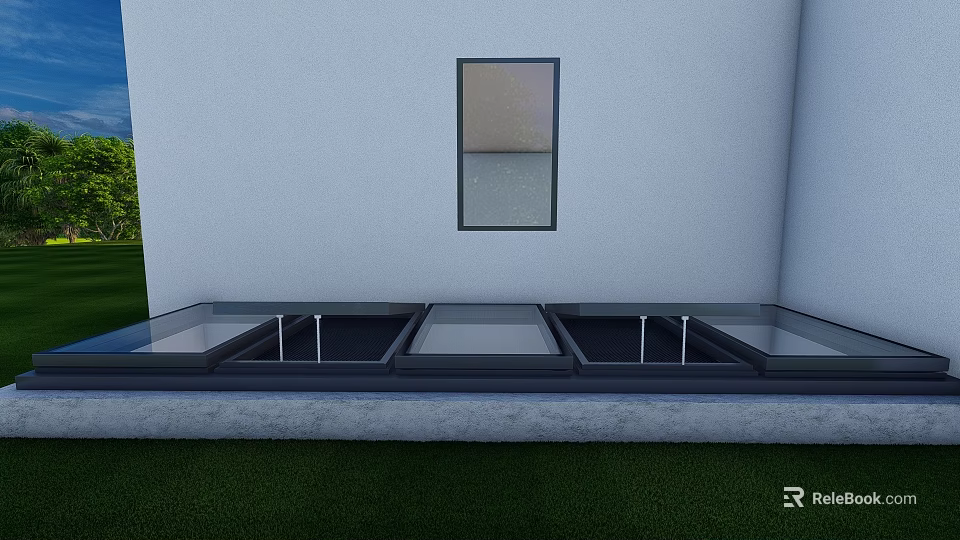 Modern Detached Villa Exterior With White Wall Square Window And Green Lawn Glass Structure 3d model 