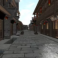 Ancient Chinese Architecture Street Lined With Red Lanterns And Wooden Buildings