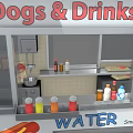 Hot Dogs And Drinks Food Cart With Yellow Blue Umbrella And Graphics