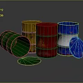 Colored Metal Drums Including Open Green Barrel and Detached Yellow Red Blue Lids