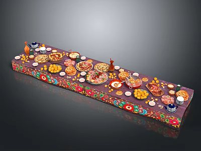 Decorative Long Tray With Various Foods And Colorful Patterned Design 3d model