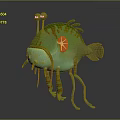 Green Cartoon Fish With Yellow Eyes Orange Spots And Striped Legs