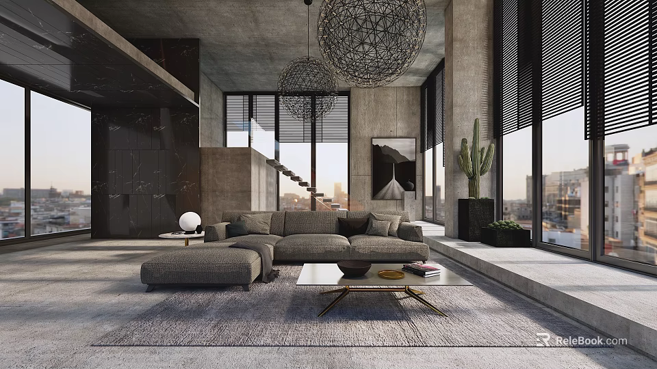 Modern Living Room Interior With Gray L shaped Sofa Coffee Table And Large Windows 3d model 