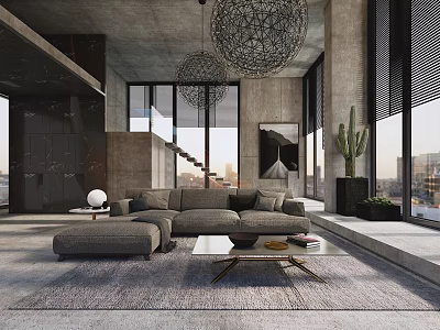 Modern Living Room Interior With Gray L shaped Sofa Coffee Table And Large Windows 3d model