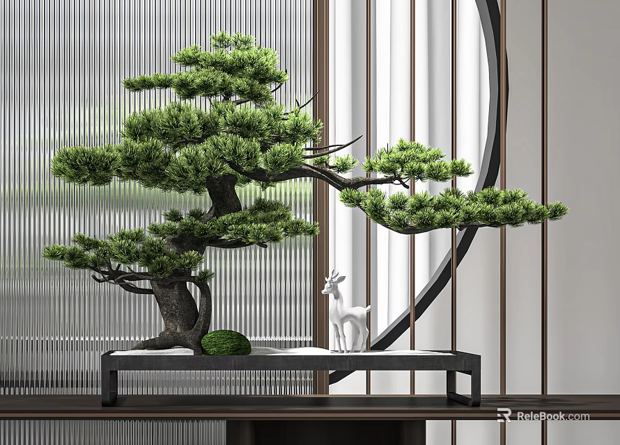 Elegant Pine Bonsai Plant with White Deer Statue on Black Tray and Modern Background Decoration 3d model 