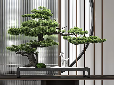 Elegant Pine Bonsai Plant with White Deer Statue on Black Tray and Modern Background Decoration 3d model