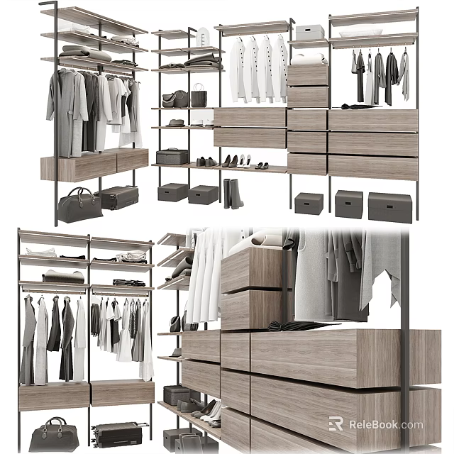 Modern Wooden Wardrobe Design With Hanging Rods Drawers And Storage For Clothes Shoes And Bags 3d model 