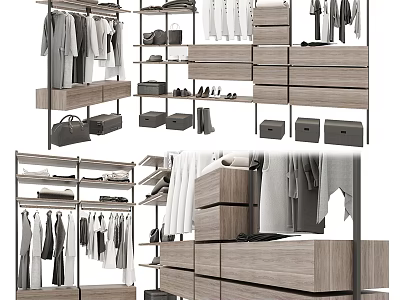 Modern Wooden Wardrobe Design With Hanging Rods Drawers And Storage For Clothes Shoes And Bags 3d model