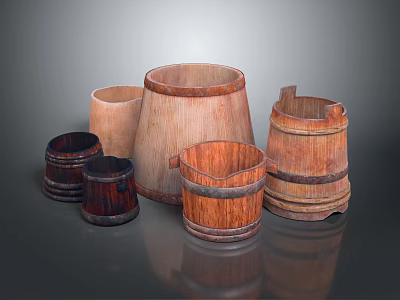 Wooden Bucket Shaped Decorative Ornament Set With Various Sizes And Natural Texture 3d model