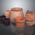 Wooden Bucket Shaped Decorative Ornament Set With Various Sizes And Natural Texture