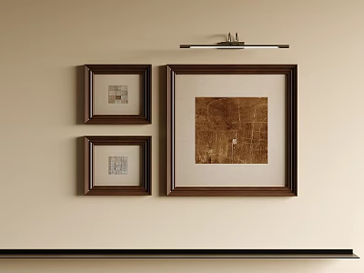 Framed Abstract Painting On Beige Wall With Smaller Artworks And Overhead Spotlight 3d model