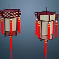 Two Traditional Chinese Lanterns with Red Decorative Frames White Panels Hanging Tassels and Wooden Supports