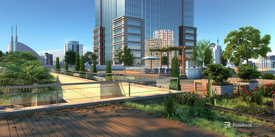Rooftop Garden Urban Landscape With Wooden Flooring Glass Railings And Green Plants Near Tall Buildings 3d model 