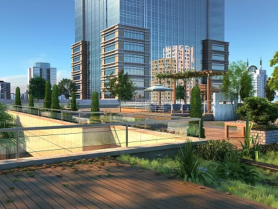 Rooftop Garden Urban Landscape With Wooden Flooring Glass Railings And Green Plants Near Tall Buildings 3d model