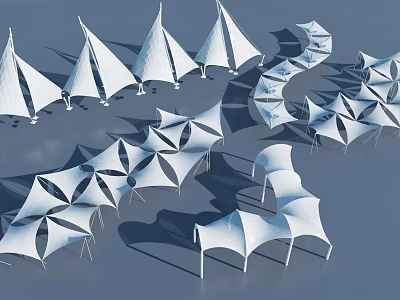 Multiple White Geometric Tensile Membrane Architectural Structures In Modern Outdoor Design 3d model