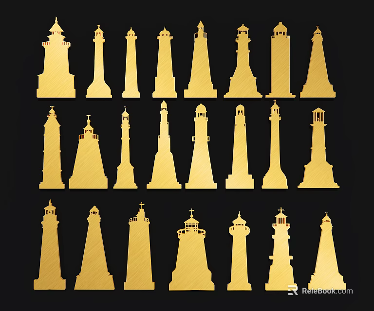 Golden Lighthouse Silhouettes With Multiple Various Designs And Different Shapes On Black Background 3d model 