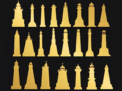 Golden Lighthouse Silhouettes With Multiple Various Designs And Different Shapes On Black Background 3d model