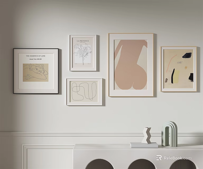 Stylish Interior Wall With Framed Artworks And Decorative Objects On Cabinet 3d model
