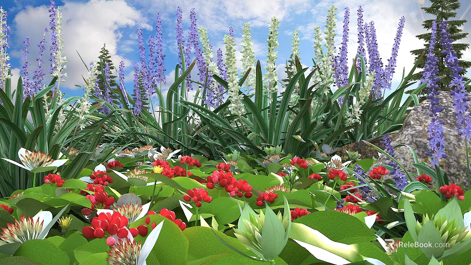 Vibrant Garden Flowers With Purple White Red Blooms And Lush Green Leaves Under Blue Sky 3d model 