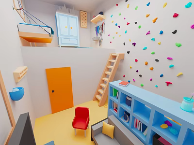 Cartoon Scene of Playful Kids Room with Colorful Climbing Wall Yellow Floor and Blue Bookshelf 3d model