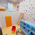 Cartoon Scene of Playful Kids Room with Colorful Climbing Wall Yellow Floor and Blue Bookshelf