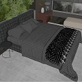 Double Bed with Plaid Quilt Black White Herringbone Blanket in Bedroom with Green Plants