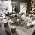 Modern Living Room Sofa and Coffee Table Set with Armchairs Ottoman Stools and Area Rug