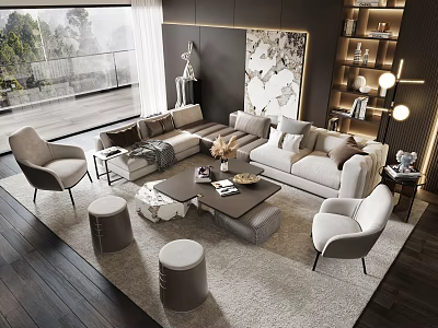 Modern Living Room Sofa and Coffee Table Set with Armchairs Ottoman Stools and Area Rug 3d model